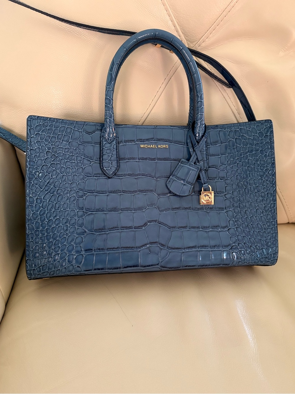 NWTMICHAEL KORS Navy Croc-Embossed Satchel with Gold Hardware